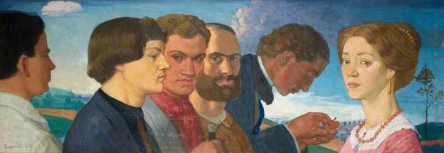'Some Later Primitives and Madame Tisceron.' Left to right: Currie, Gertler, Nevinson, Wadsworth, Allinson.